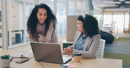 Teamwork, laptop and business people fist bump, applause and success celebration. Coaching, training and friends, women or coworkers, clapping and celebrate after solving problem in office workplace.