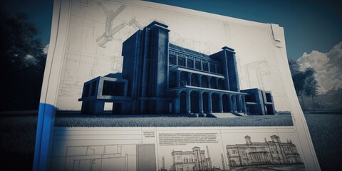 Blueprint architecture concept with a big official building drawings on paper, generative ai