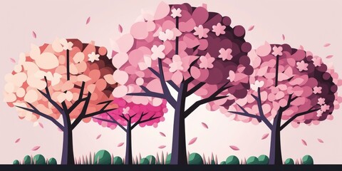 Fototapeta na wymiar Cherry blossom trees flat design illustration, generative ai