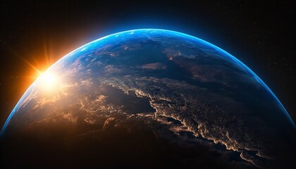 Fototapeta na wymiar Planet Earth and blue sunrise from space. Generative Ai.