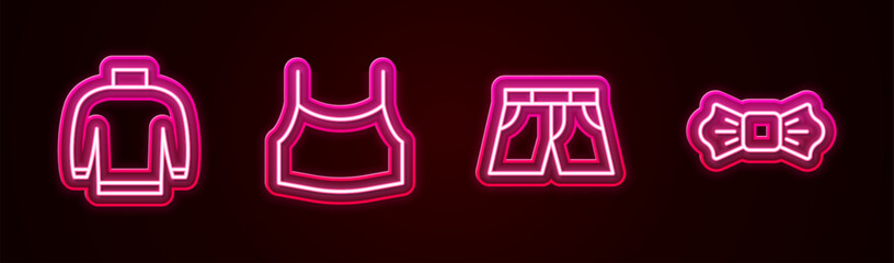 Set line Sweater, Female crop top, Short or pants and Bow tie. Glowing neon icon. Vector