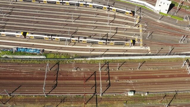 Sydney trains railways infrastructure in Sydney west – aerial top down view.
