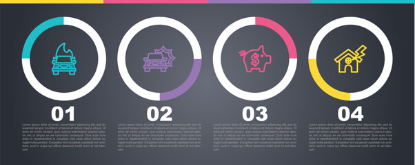 Set line Burning car, Car accident, Piggy bank and House and lightning. Business infographic template. Vector