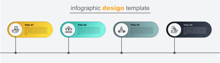 Set line Light bulb in hand, Car insurance, House flood and Delivery. Business infographic template. Vector