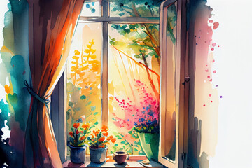 A view from a window with curtains, overlooking a small garden, generative ai. The soft hues and intricate details create a peaceful and calm atmosphere