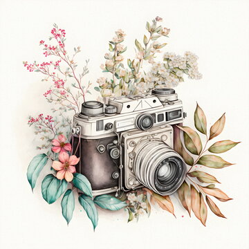 Retro camera in flowers and plants. photo camera. Can be used as print, logo, for cards, wedding invitation.