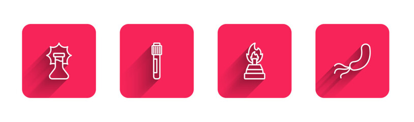 Set line Explosion in the flask, Test tube, Alcohol or spirit burner and Bacteria with long shadow. Red square button. Vector