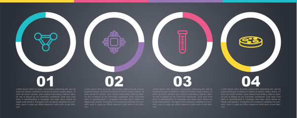 Set line Molecule, Processor CPU, Test tube and Petri dish with bacteria. Business infographic template. Vector