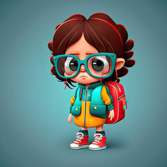 Nerd child wearing big glasses and backpack on color background. Generative AI
