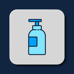 Filled outline Hand sanitizer bottle icon isolated on blue background. Disinfection concept. Washing gel. Alcohol bottle for hygiene. Vector
