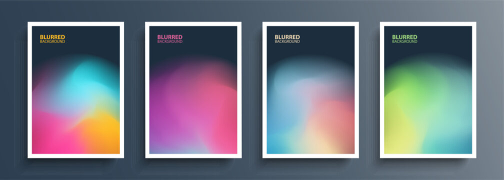 Set of blurred circle shapes on dark backgrounds with soft color gradients. Abstract graphic templates collection for brochures, posters, banners, flyers and cards. Vector illustration.
