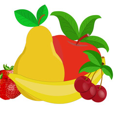 Poire, pomme, banane, cerises et fraises groupées sur fond blanc