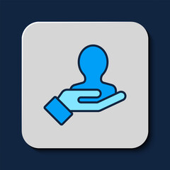 Filled outline Hand for search a people icon isolated on blue background. Recruitment or selection concept. Search for employees and job. Vector
