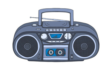 Fototapeta premium Boombox doodle. 2000s boombox. Y2k trendy illustration. Cassette music player. CD disk player. Millennial childhood technology. 90s and 2000s.
