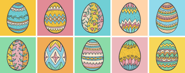 Easter eggs doodle set. Spring holiday symbol. Egg ornament sketch. Hand drawn retro style easter doodles. Easter eggs ornament sketch.