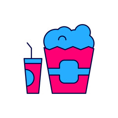 Filled outline Popcorn in cardboard box and paper glass with drinking straw and water icon isolated on white background. Soda drink glass. Vector