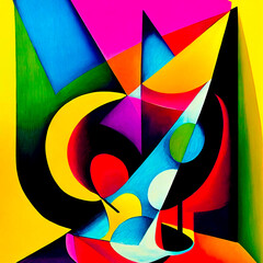 Abstract painting in the style of cubism, female portrait. A young woman in vibrant colors on a square canvas. Generative AI