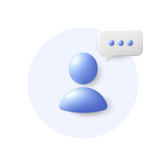 User support message 3d icon. Business communication chat box. Profile avatar with chat bubble. Neutral gender user silhouette. Profile portrait symbol. Circle button with avatar headshot. Vector