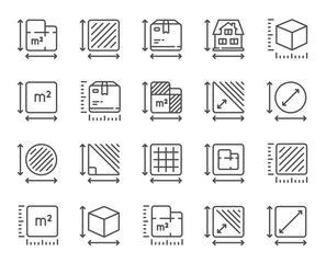 Dimension line icons. Square meter, Area size and Floor plan set. Box size dimension, room space and perimeter line icons. Post office package sizes, square area and triangle corner. Vector