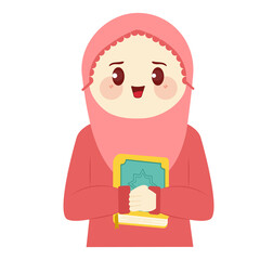 cute cartoon Muslimah holding Al Quran flat vector illustration