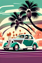 Original vector illustration in vintage style. Vintage car on the background of palm trees - generative ai