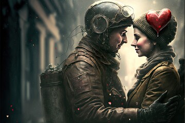 Love in the war. Portrait Of A Soldier with a woman. Generative AI