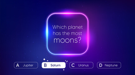 Quiz game menu, test questions choice. Neon template for TV show or trivia game. Riddle with question and answer options. Quiz game with neon frame on star universe background. Vector illustration © blankstock