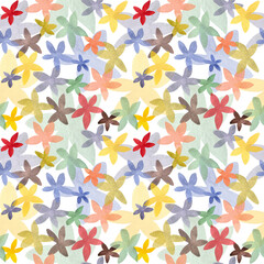 Watercolor illustration of a dense multicolored pattern of flowers on a white background.
