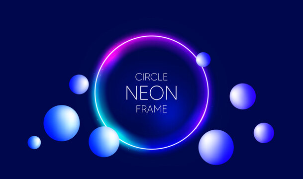 Neon light circle frame background. Abstract cosmic vibrant color banner. Glowing neon led light. Gradient glow presentation background. Dynamic glowing laser effect. Vector illustration