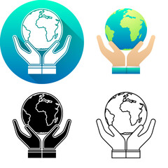 Two-Hand Holding Save Earth Asset Finance Icon, Set of Flat Diagonal Shadow, Black-White Silhouette, Line Art Logo Icon Symbol Isolated on White Background Financial, Bank, Green Business