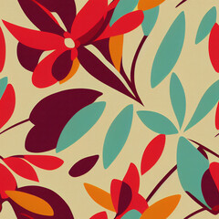 Seamless floral pattern. Background with flowers and leaves. Hawaiian style, hibiscus flowers, fabulous plants, giant fantasy flowers. Background tiles. Generative AI
