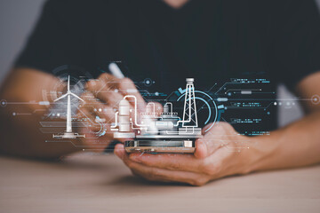 Businessman hand touch global network connection with virtual modern reduce CO2 emission concept...