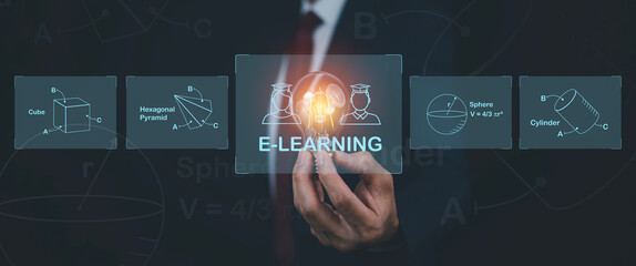 Light bulb with E-learning education with Online Courses e-learning concept, Learning workshop learn to think internet training knowledge technology, online learning with webinars, video tutorials