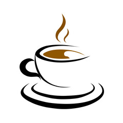 Hot coffee cup vector logo design with saucer