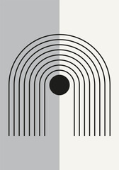 Abstract geometric minimalist artwork. Mid century modern and Bauhaus inspired retro poster with an arch and circle. Modern trendy black and white wall art with simple shapes.