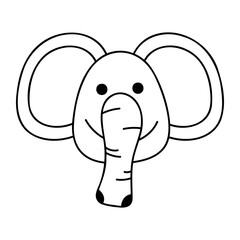 Cute doodle elephant face from the collection of girly stickers. Cartoon vector white and black illustration.