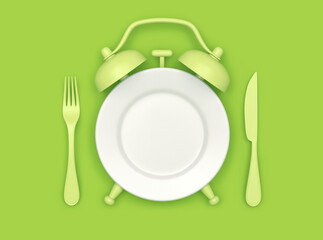Alarm clock and empty plate with fork and knife on green background. Intermittent fasting, healthy eating concept