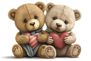 Two teddy bears hugging a heart for Valentine's Day on white background. Ai generative.