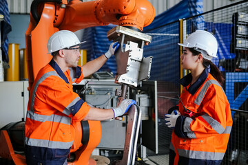 mechanic engineer man and woman are checking quality system of machines before use. Service programming machinery at factory industry.