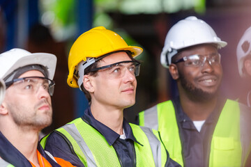 Close up man engineer, Team engineering worker technician, workshop manufacturing, Teamwork in industry factory. group professional technician industrial.