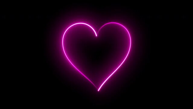 Animated Radial Concentric Beating Heart Icon with Pink Neon Light Effect Isolated on Black Background. Valentines day design element. Glowing neon heart