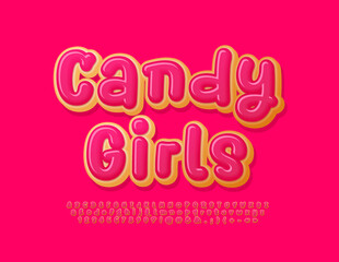 Vector sweet sign Candy Girls with tasty cakes Font. Pink glazed set of Alphabet Letters, Numbers and Symbols