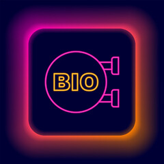 Glowing neon line Bio green healthy food icon isolated on black background. Organic product. Healthy food sticker. Colorful outline concept. Vector