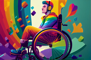 Queer and disabled, homosexual in rainbowcolours in wheelchair at gay pride, AI