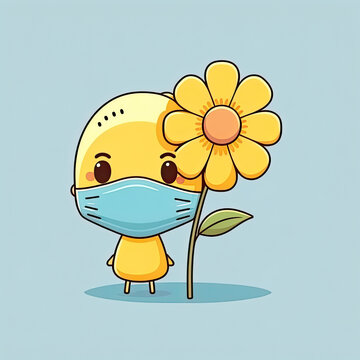 Beautiful flower and cute chick wearing a mask on color background. Spring and allergy concept. Generative AI