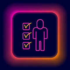 Glowing neon line Resume icon isolated on black background. CV application. Searching professional staff. Analyzing personnel resume. Colorful outline concept. Vector