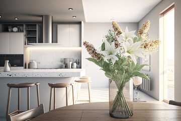 Minimalist modern open plan kitchen with high chairs and bouquet of white flowers. Generative AI
