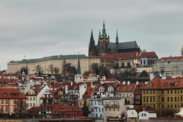 Naklejka na ściany i meble View of Prague Castle from Charles Bridge in Prague, Czech Republic. Beautiful view of the architecture of the old European city.