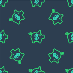 Line Piggy bank icon isolated seamless pattern on blue background. Icon saving or accumulation of money, investment. Vector
