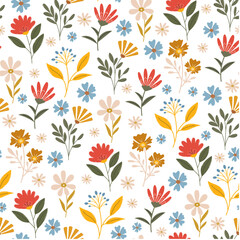 Fototapeta na wymiar Meadow Wildflower seamless pattern. Creative floral design. Vector pattern for various surface. Blooming meadow background. Blossom floral seamless print.